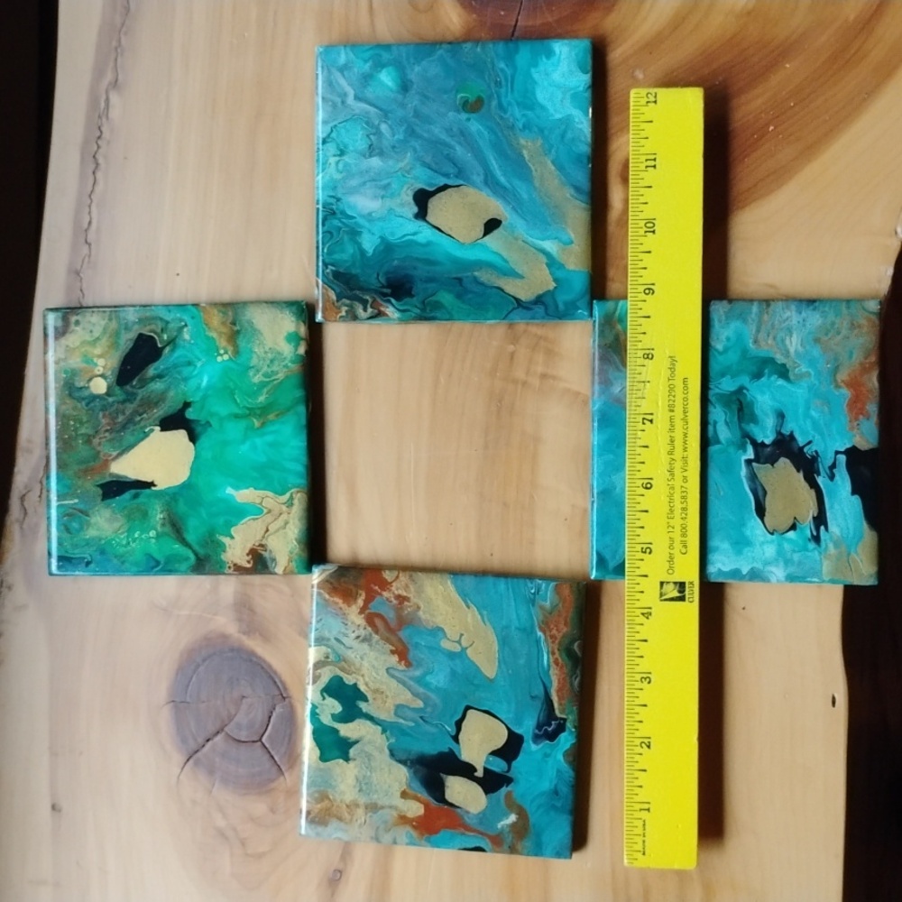 ⚜️  UNIQUE  Acrylic & Resin Set Of Four Fluid Artsy Coasters TEAL & GOLD